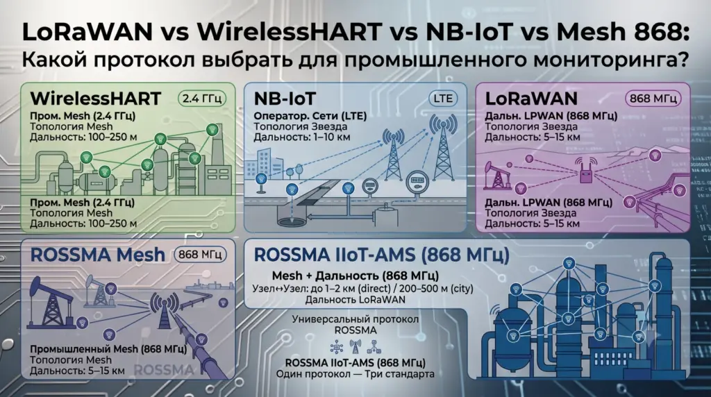 LoRaWAN vs WirelessHART vs NB-IoT: какой протокол выбрать для промышленного мониторинга